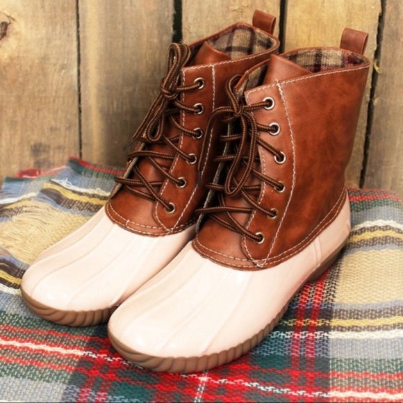 Duck Boots Lace Up Beige Nude Brown Rainboots - Picture 2 of 6